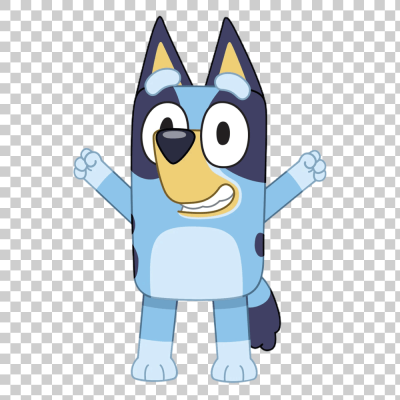 Cheerful cartoon blue dog, arms wide open, inspired by Bluey png, inviting play and joy.
